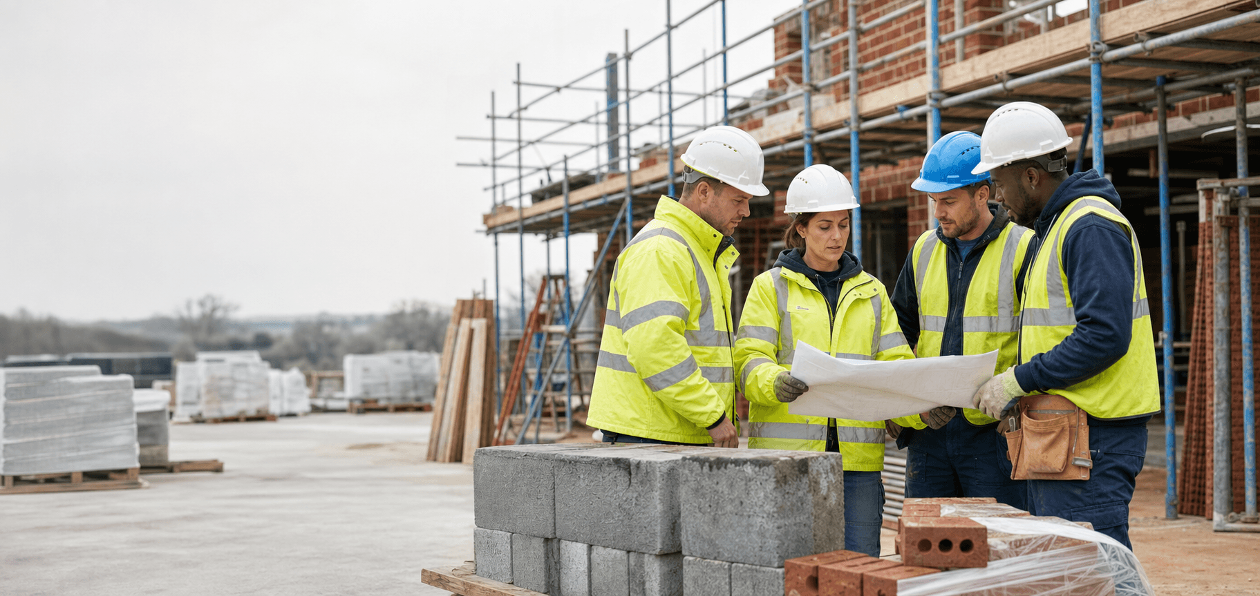 Construction workers reviewing plans on a UK building site